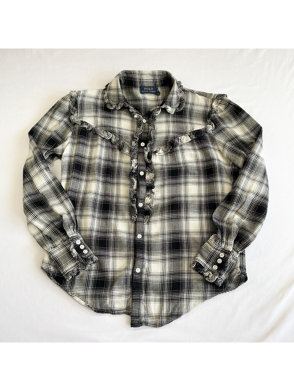 Polo Ralph Lauren Black White Plaid Ruffle Button Up Shirt Small Petite